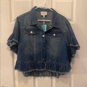 Hayden Blue Cropped Denim Jacket with Frayed Hem